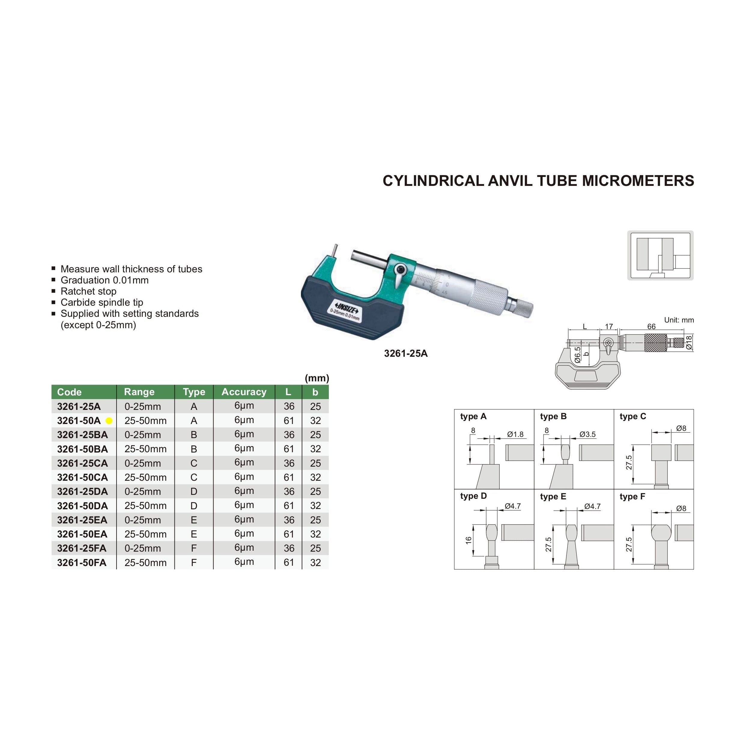 Insize Type A Cylindrical Anvil Tube Micrometer 25-50mm Range Series 3261-50A