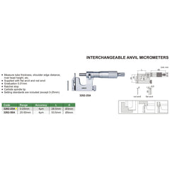 Insize Interchangeable Anvil Micrometer 0-25mm Range Series 3262-25A