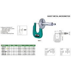 Insize Sheet Metal Micrometer 0-1" Range Series 3263-1