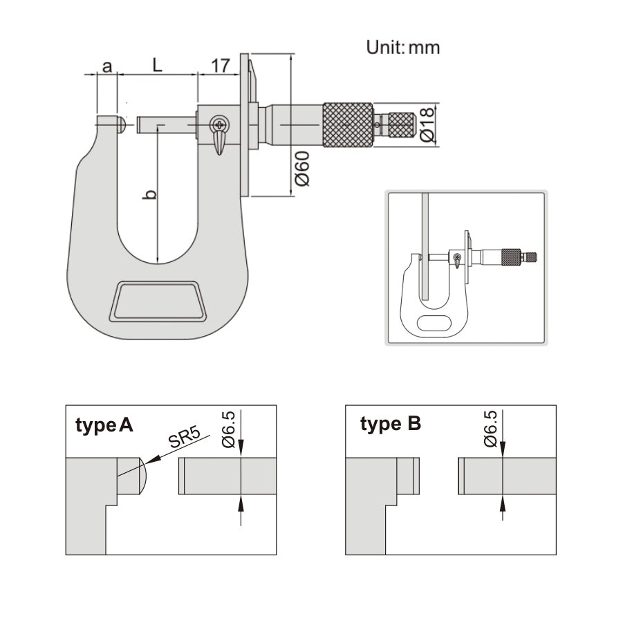 Insize Sheet Metal Micrometer 0-25mm Range Series 3263-25A