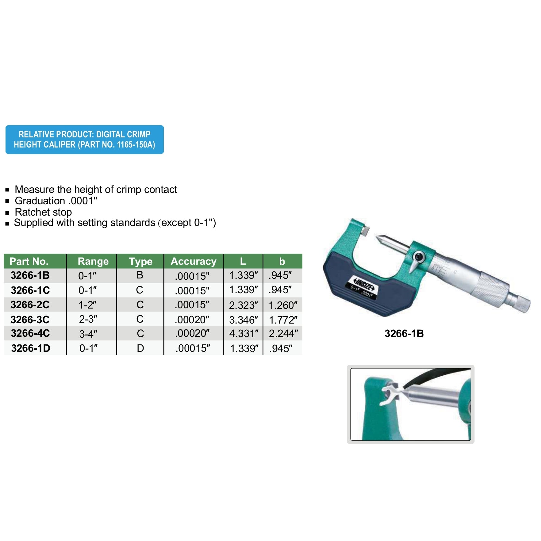 Insize Crimp Height Micrometer 0-1" Range Series 3266-1