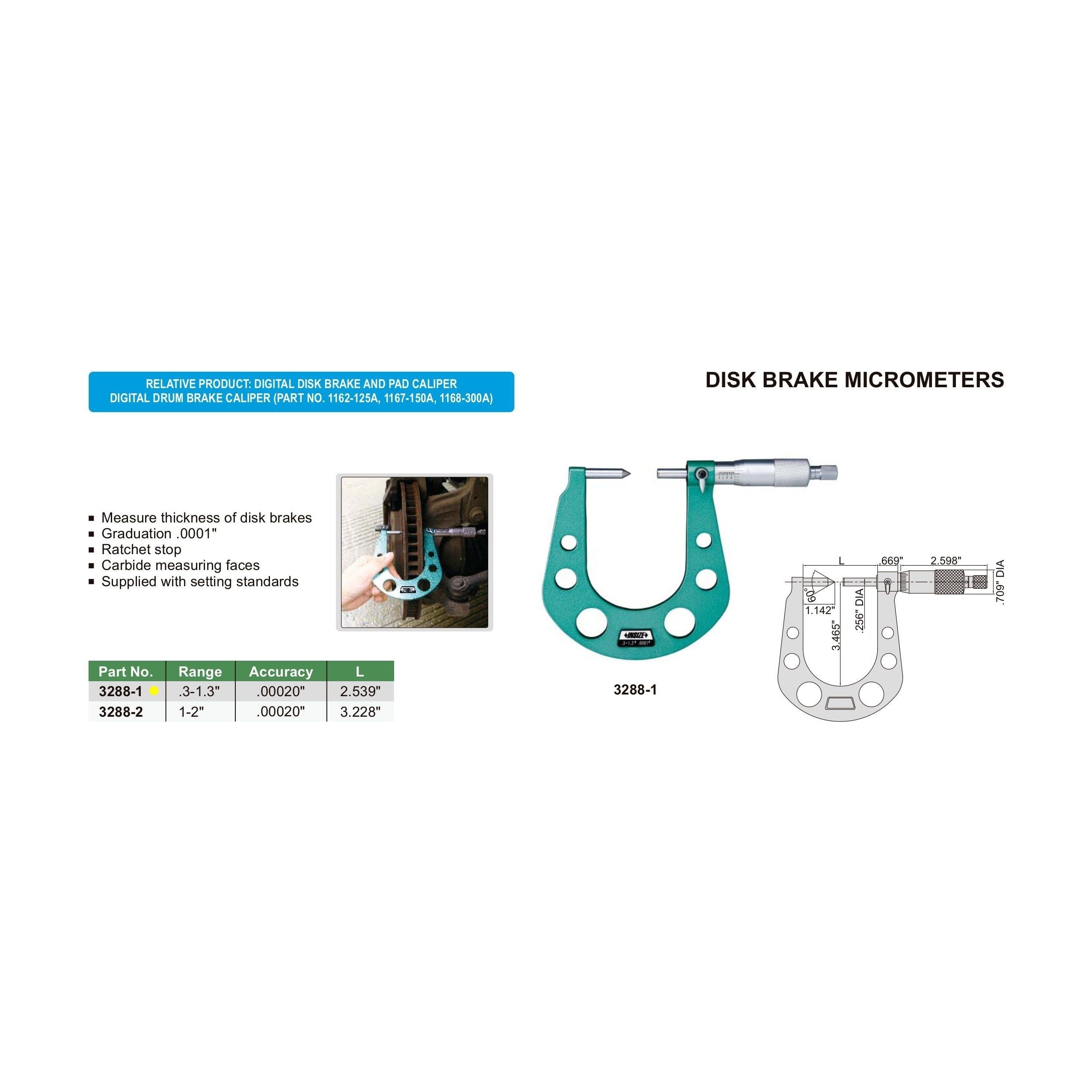 Insize Disc Brake Micrometer 0.3-1.3" Range Series 3288-1