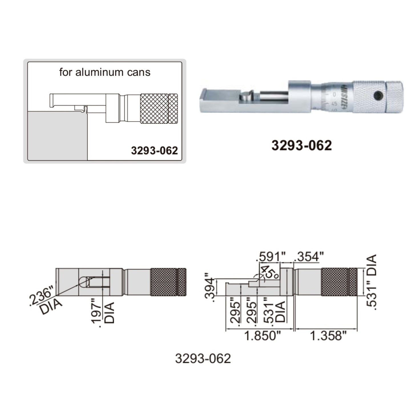 Insize Can Seam Micrometer 0-0.6" Range Series 3293-062