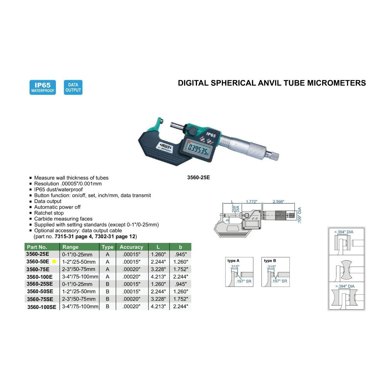 Insize Digital Spherical Anvil Tube Micrometer 25-50mm/1-2" Range Series 3560-50E