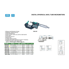 Insize Digital Spherical Anvil Tube Micrometer 25-50mm/1-2" Range Series 3560-50E