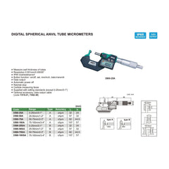 Insize Digital Spherical Anvil Tube Micrometer 50-75mm/2-3" Range Series 3560-75A