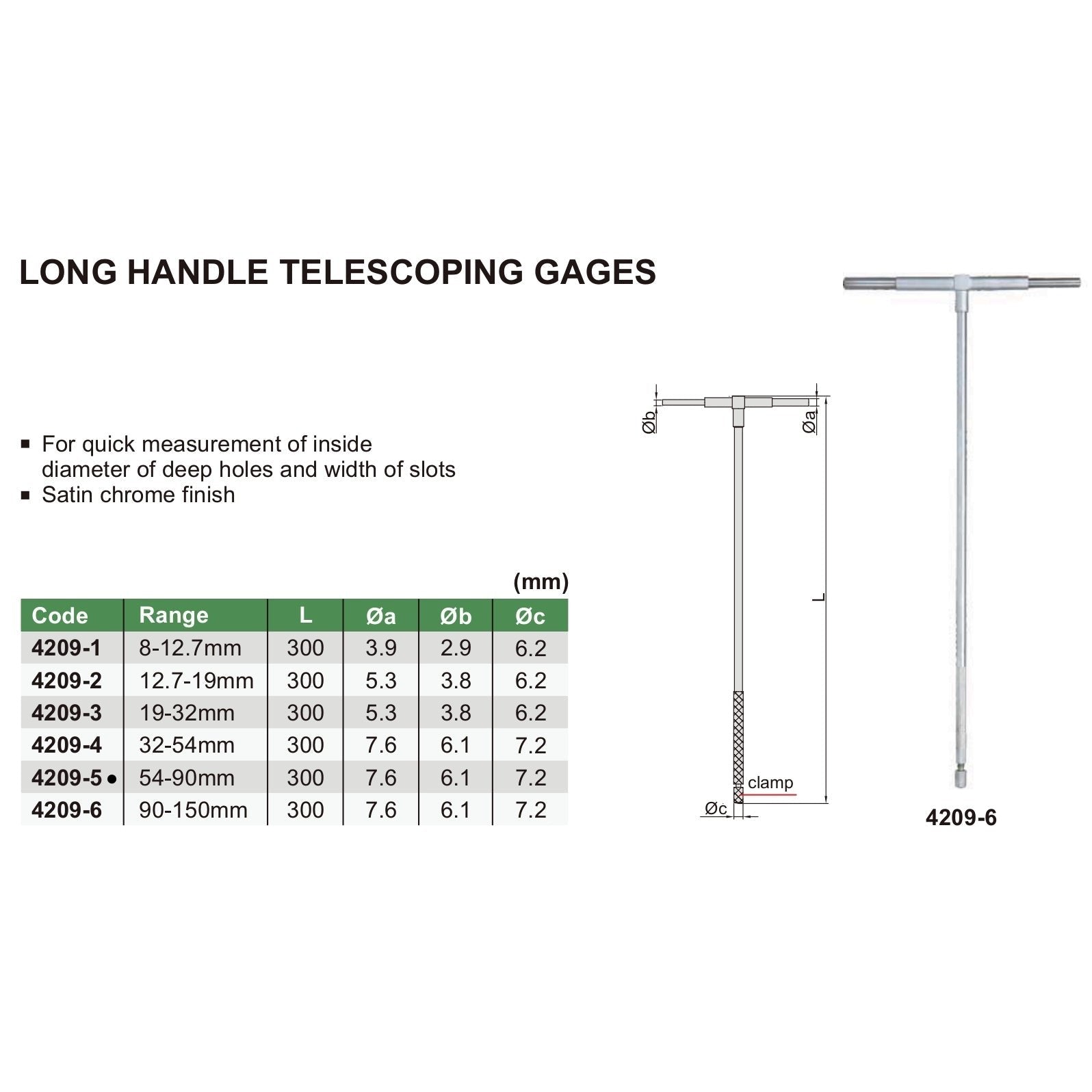 Insize Long Handle Telescopic Gauge 54-90mm Range Series 4209-5