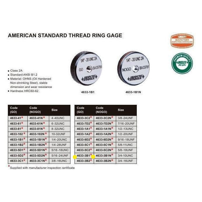 Insize Thread Ring Gauge 3/4"-10 UNC Series 4633-3B1 