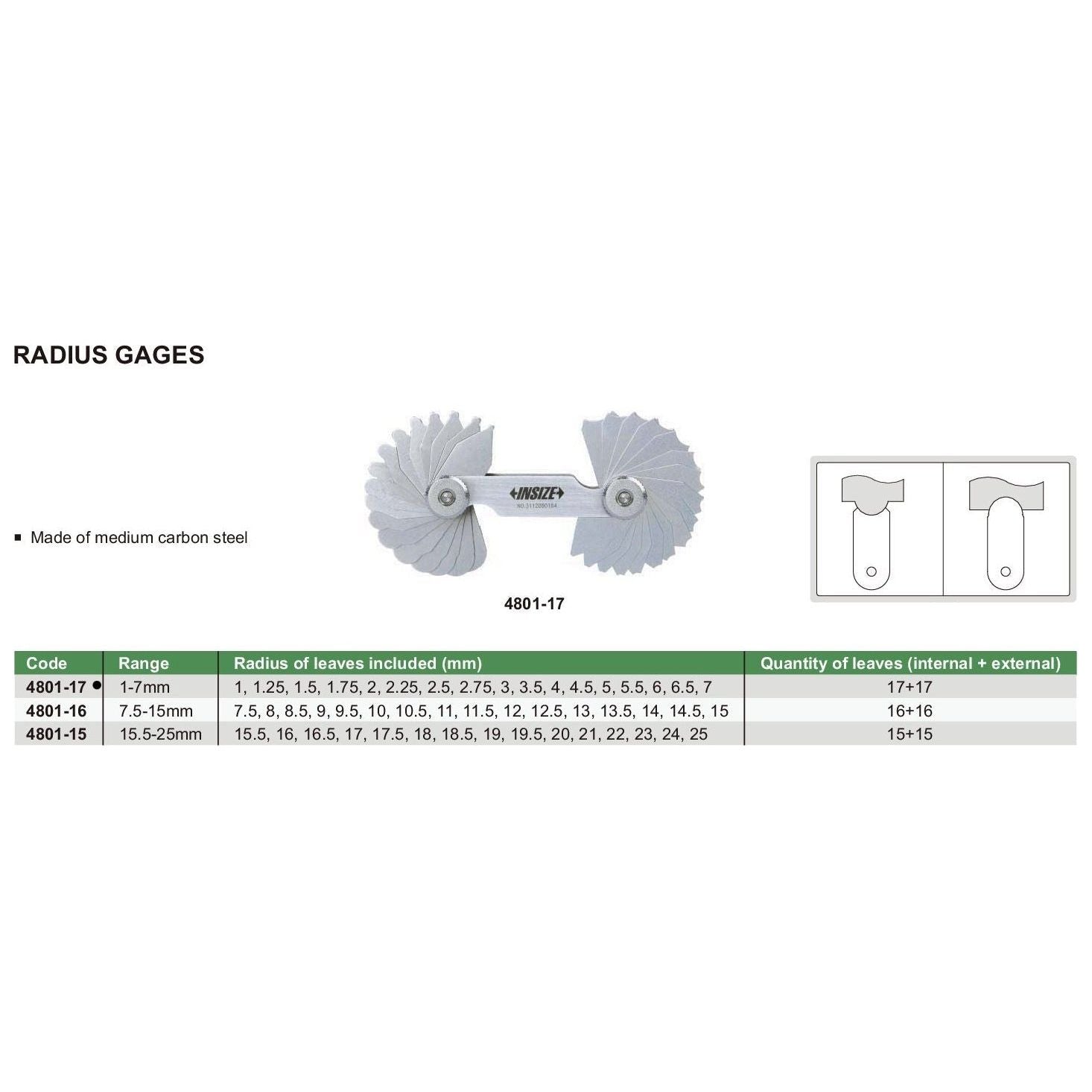 Insize Radius Gauge Set 1-7mm Range Series 4801-17