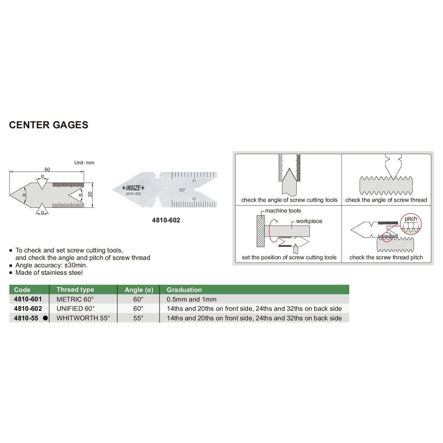 Insize Thread Angle Gauge Whitworth 55° Range Series 4810-55
