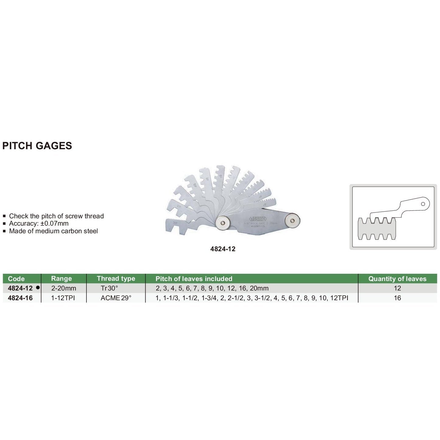 Insize Pitch Gauge 2-20mm Range Series 4824-12