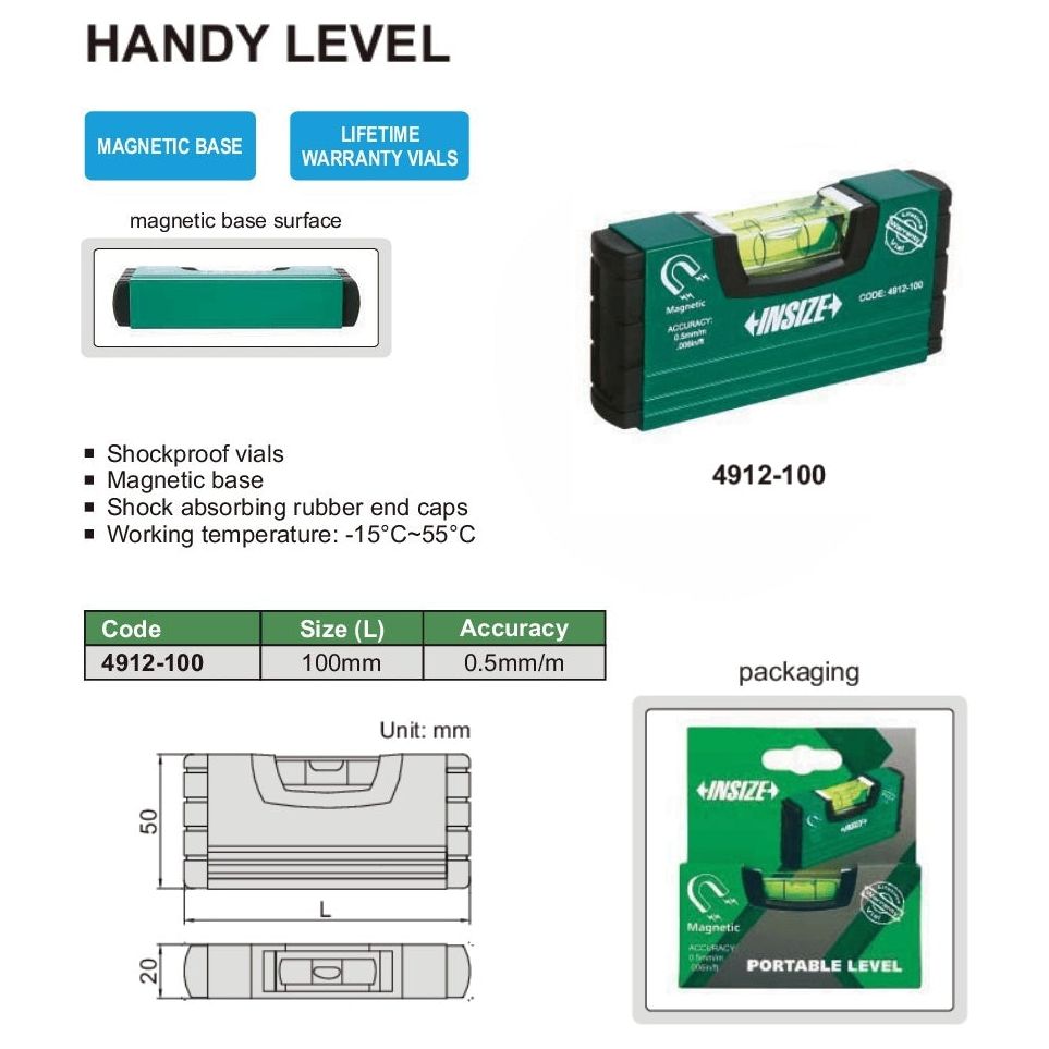 Insize Portable Level 100mm/ 4" Range Series 4912-100