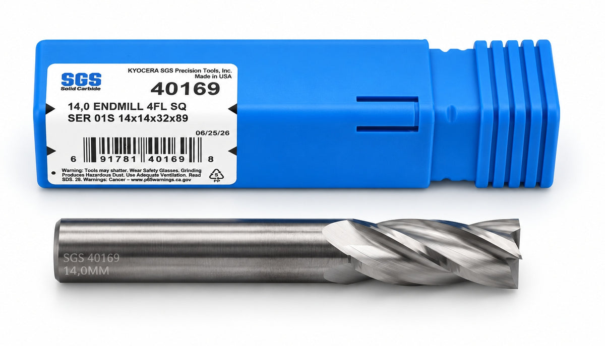 Kyocera SGS 40169 14mm 4 Flute Bright Uncoated Carbide Square End Mill ,