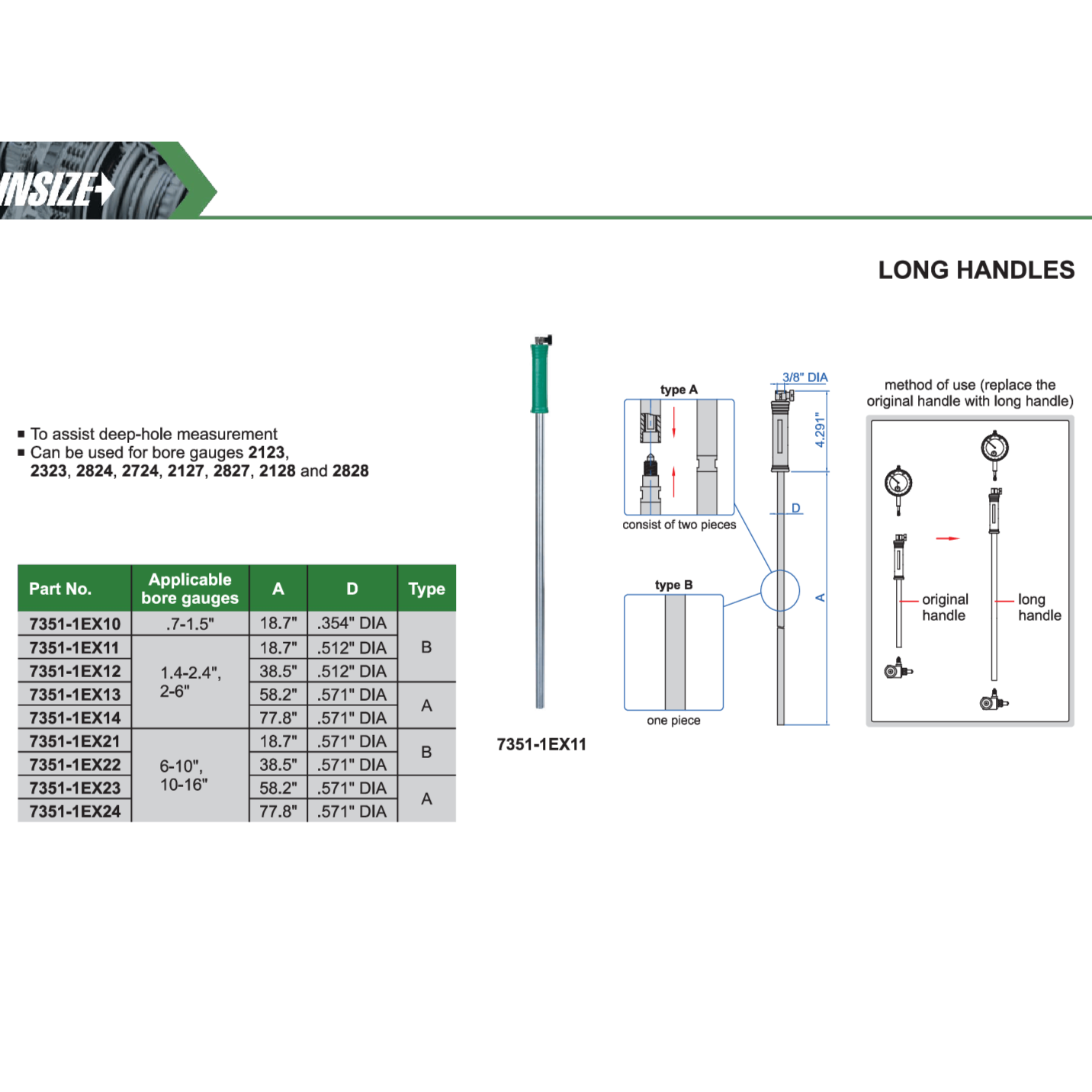 Insize Long Handle 38.5″ × 0.571″ Series 7351-1EX22