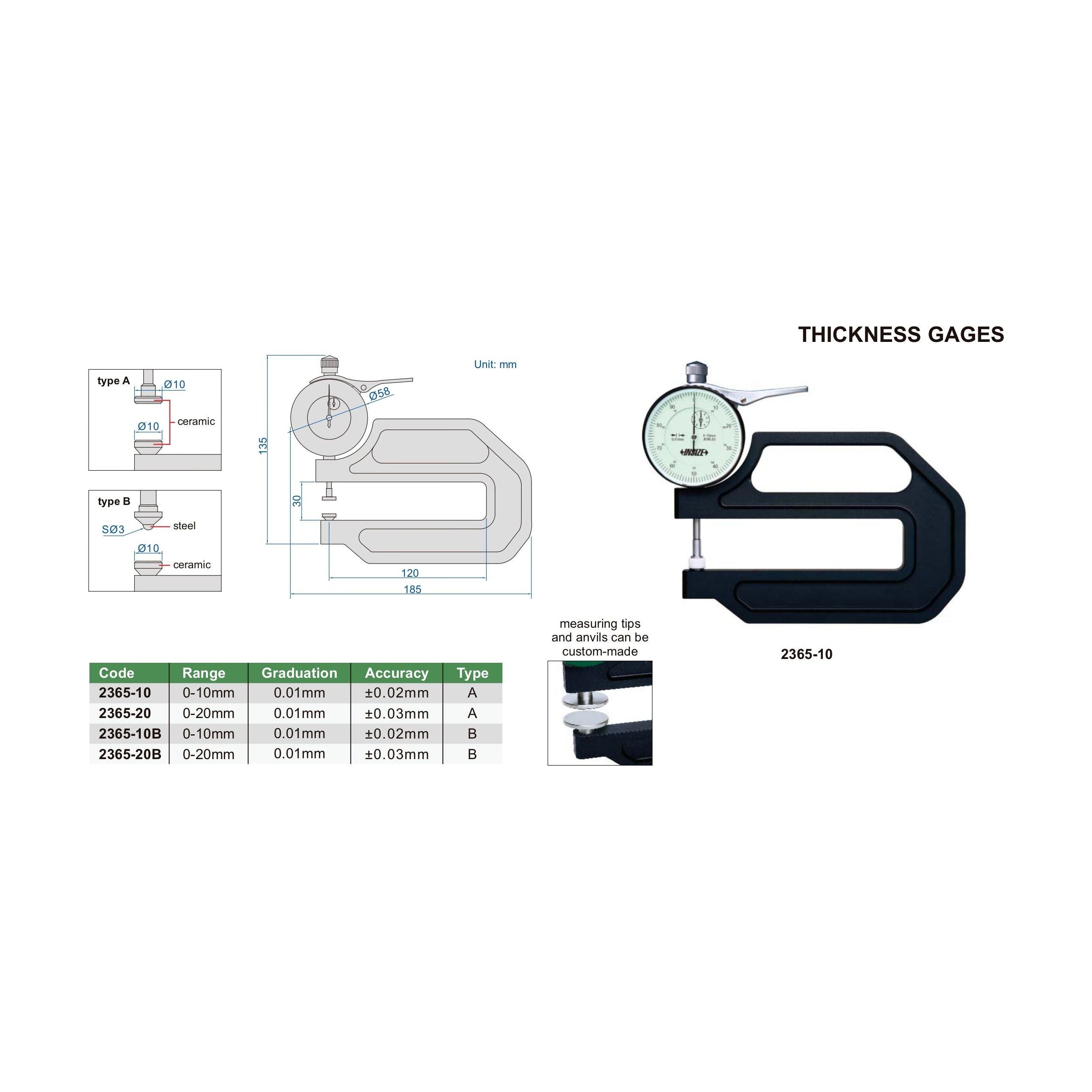 Insize Thickness Gauge 0-10mm x 0.01mm Range Series 2365-10B