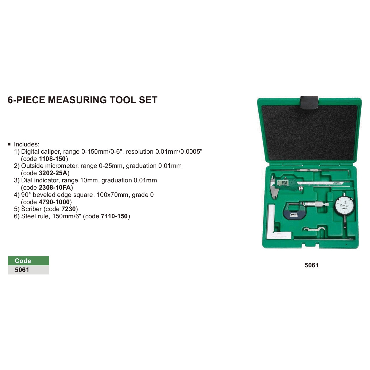 Insize 6pc Meauring Tool Set 0-150mm/0-6" Range Series 5061