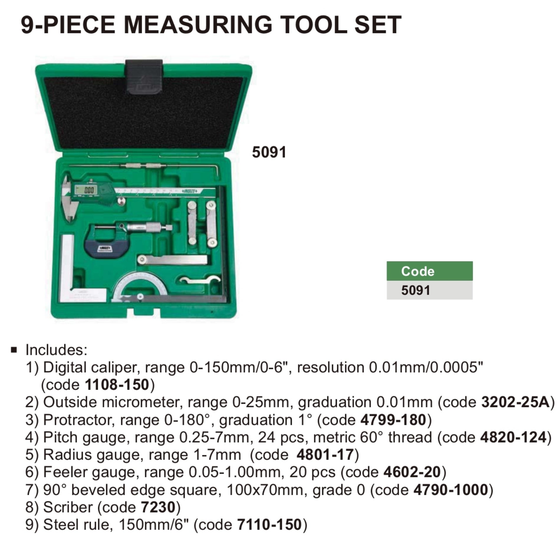 Insize 9pc Measuring Tool Set Series 5091