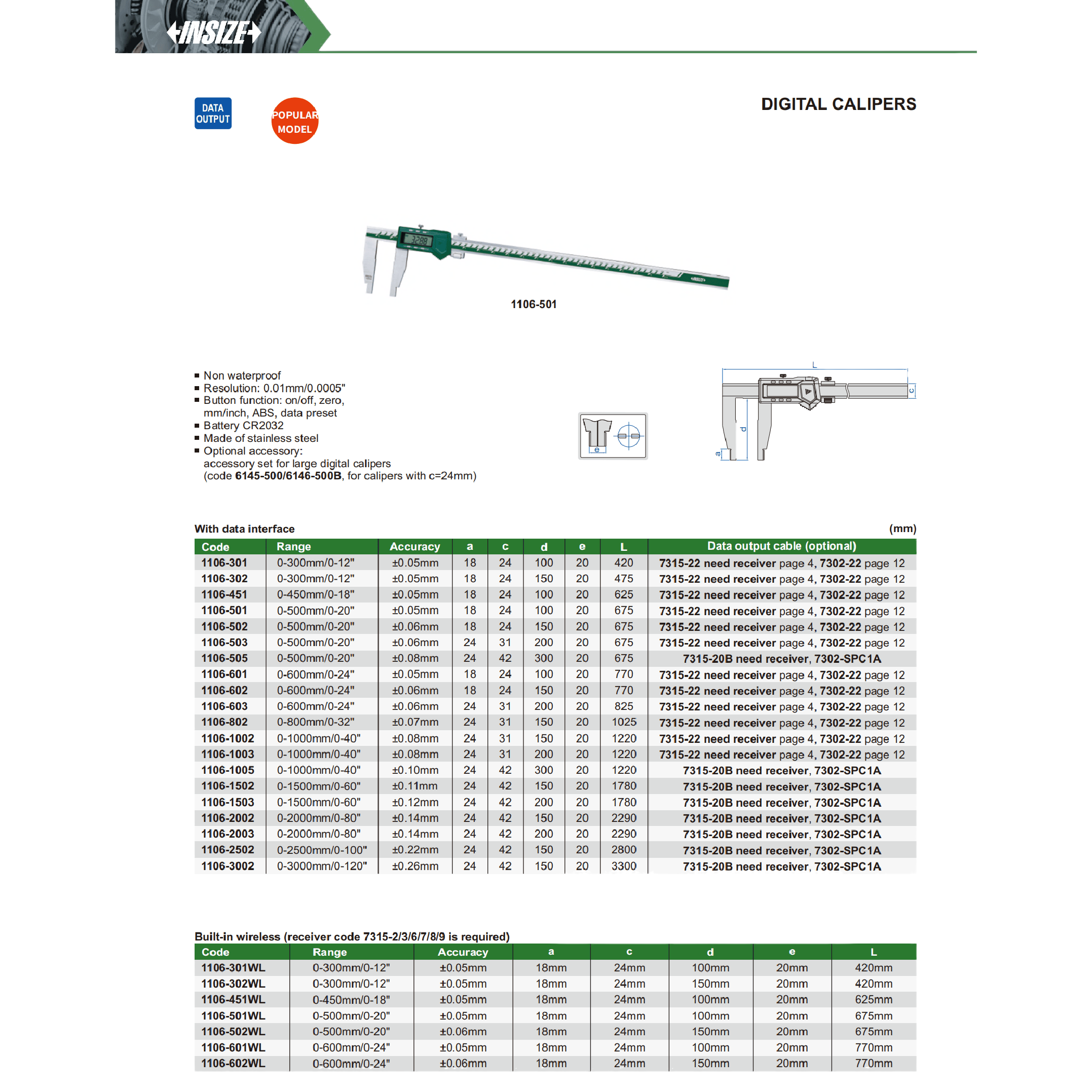 Insize Long Jaw Digital Caliper 0–500 mm / 0–20" (Jaw L 150 mm) Series 1106-502