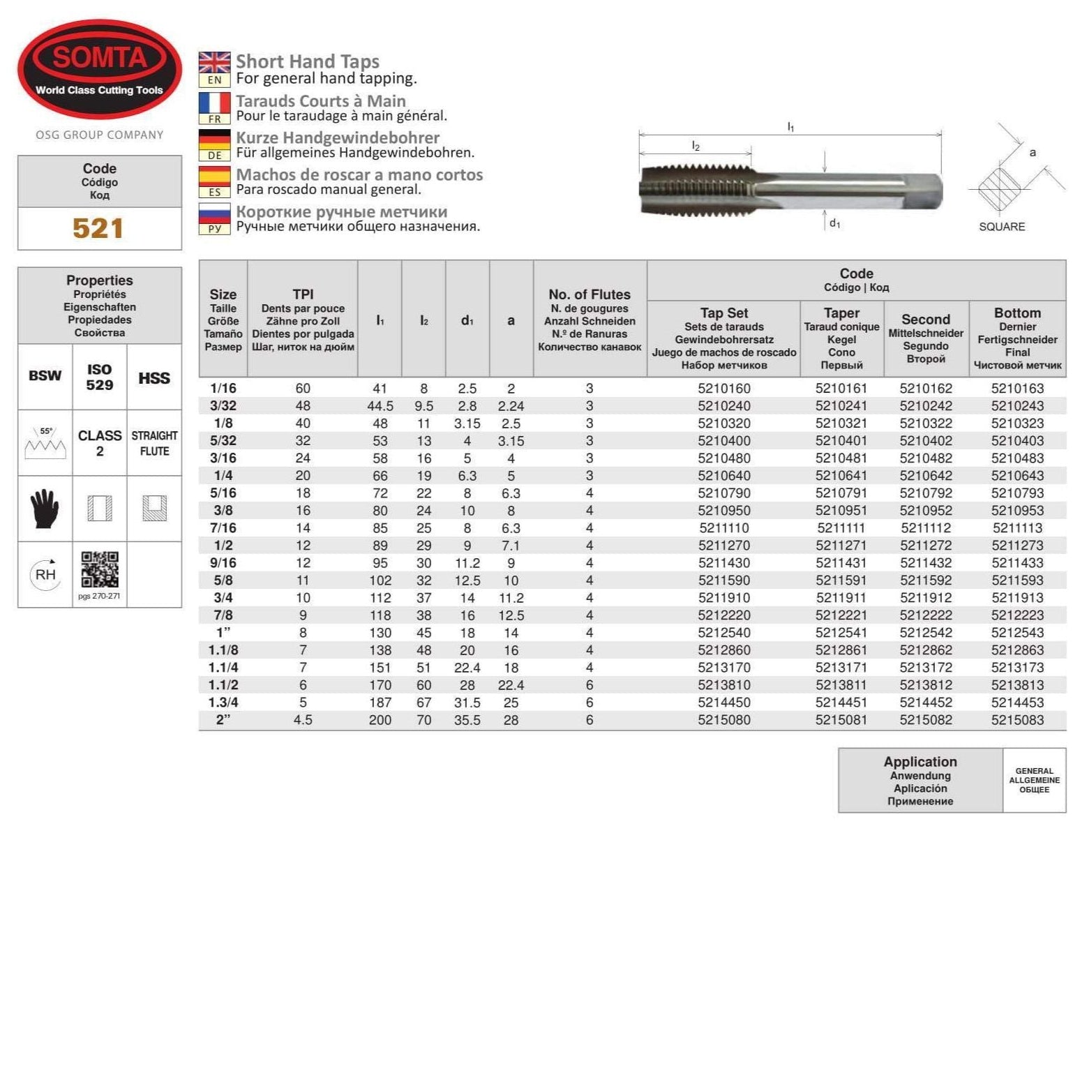 SOMTA - Series 521 HSS BSW Tap 5/16" Intermediate (Whitworth)