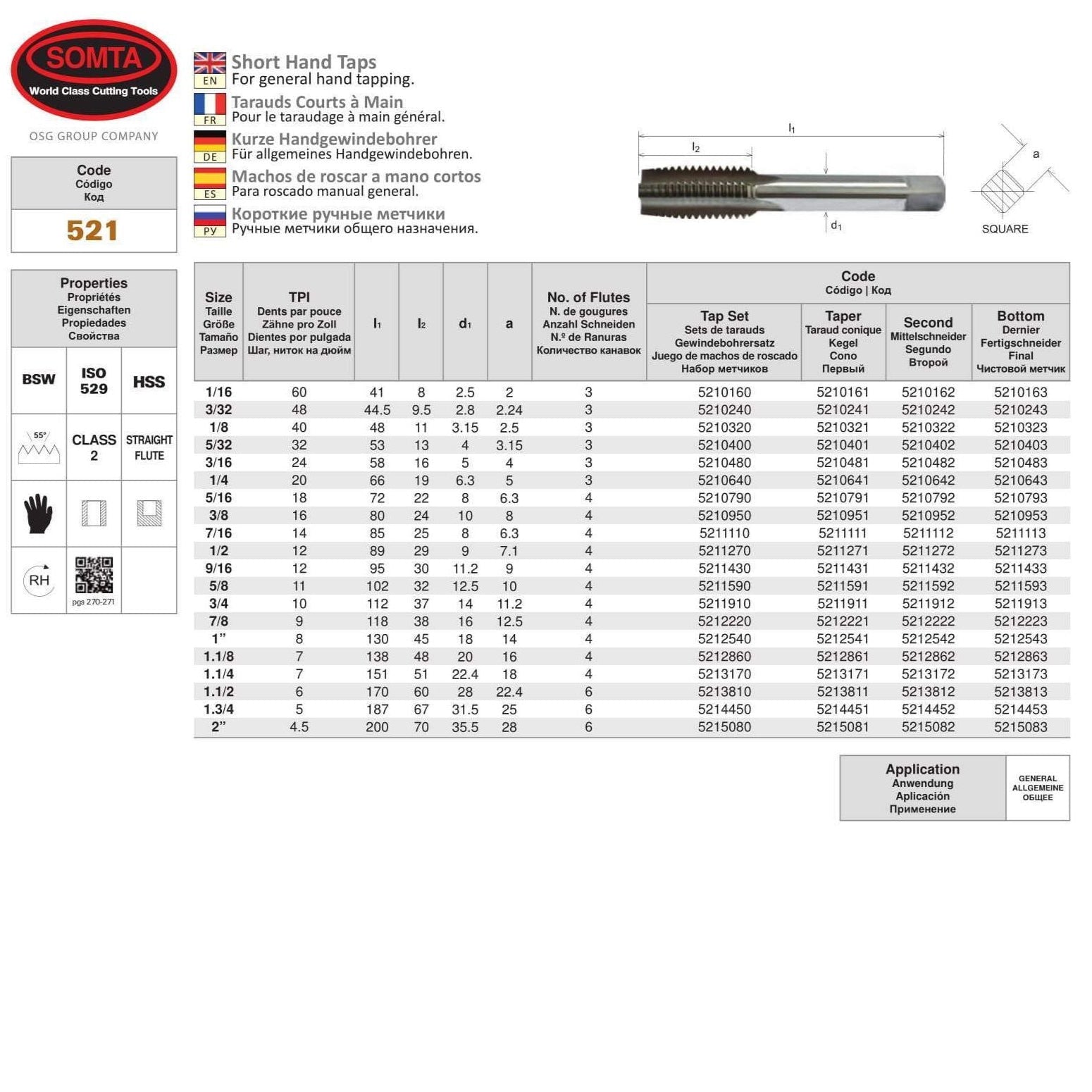 SOMTA - Series 521 HSS BSW Tap 7/16" Intermediate (Whitworth)