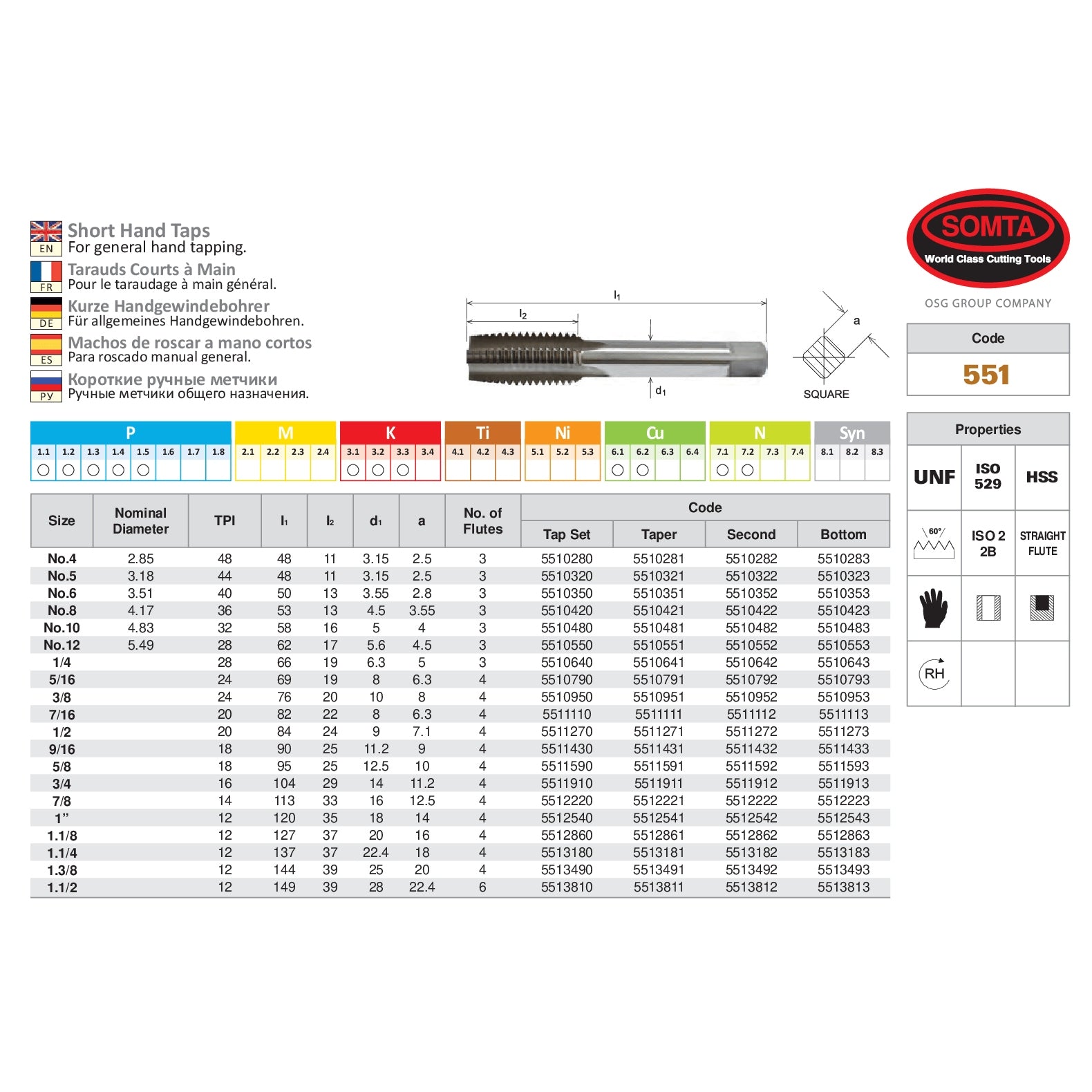 Somta Series 551 - HSS Straight Flute Short Hand Second (Intermediate) Tap UNF 7/16" x 20 TPI