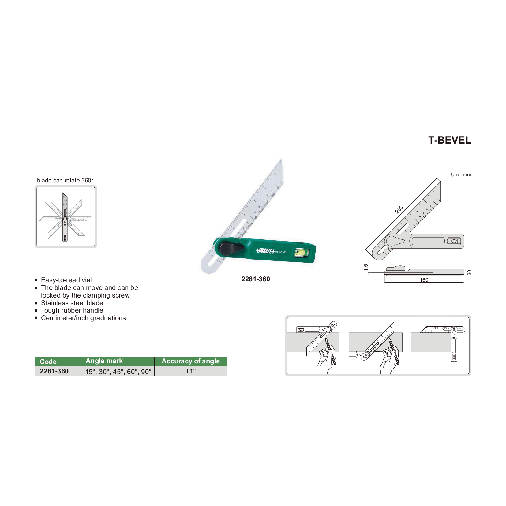 Insize T-Bevel 203 mm Blade Series 2281-360
