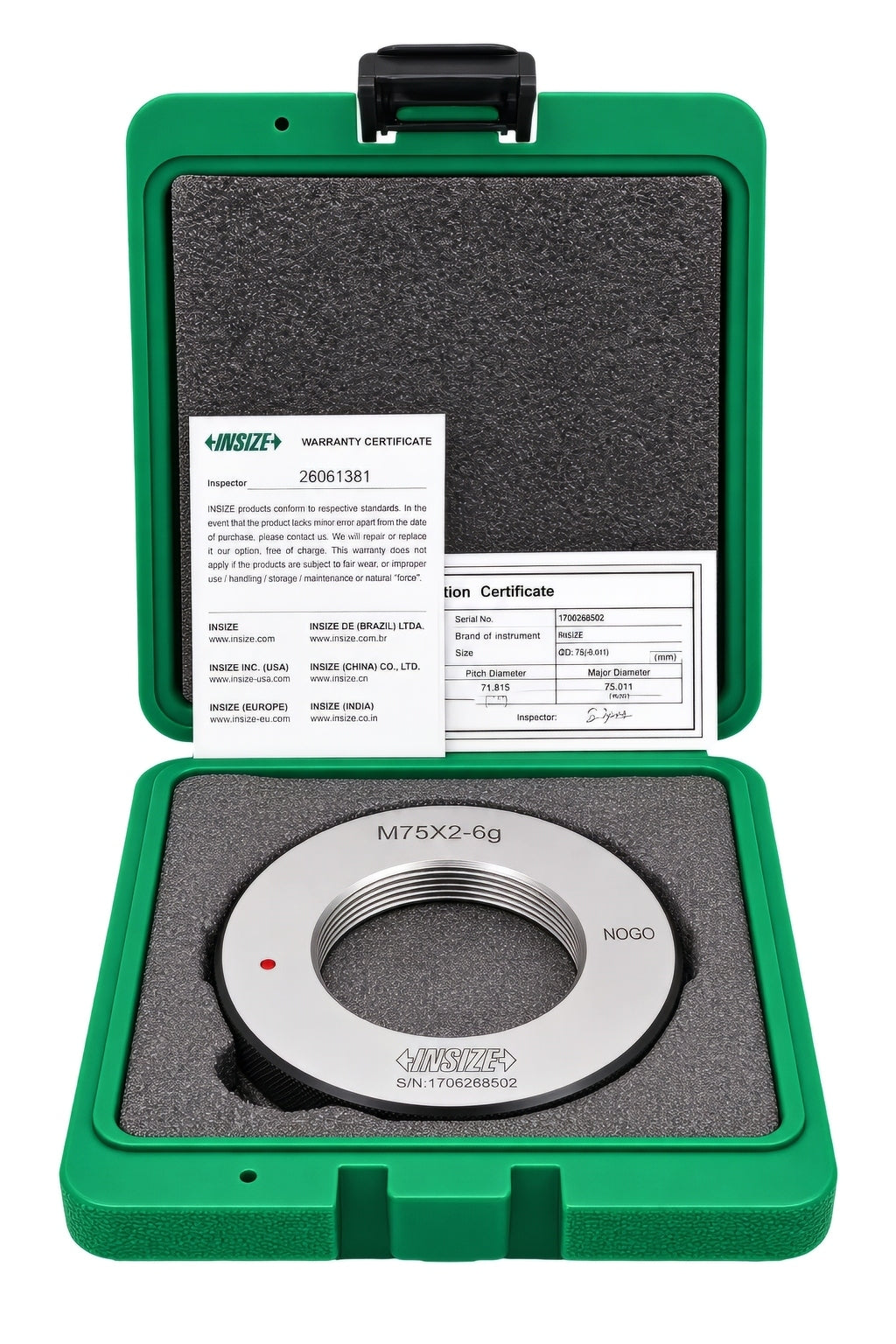 Insize NOGO Thread Ring Gauge M75X2 Series 4129-75TN