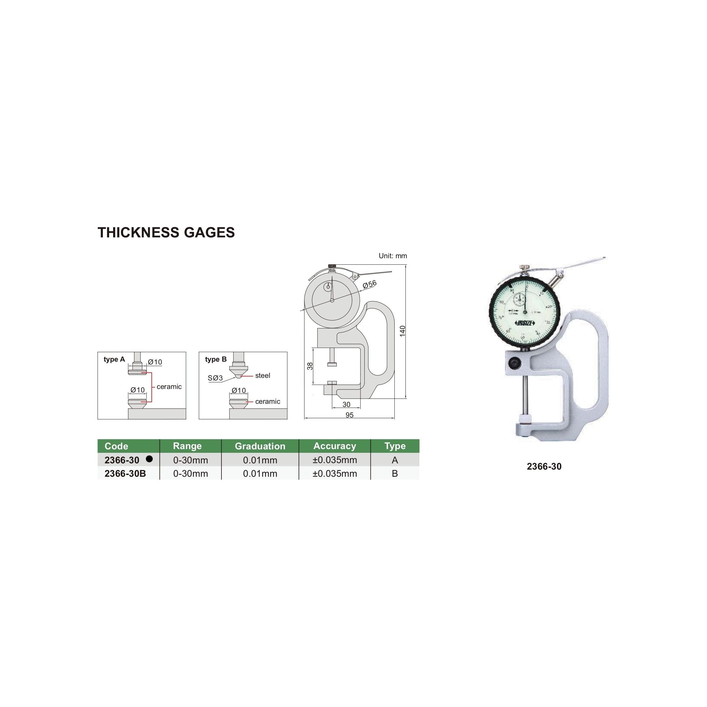 Insize Thickness Gauge 0-30mm x 0.01mm Range Series 2366-30