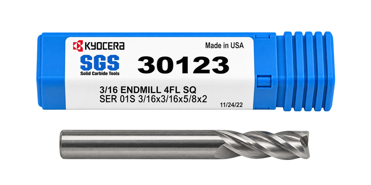 Kyocera SGS 30123 3/16" 4 Flute Bright Uncoated Long Carbide Square End Mill