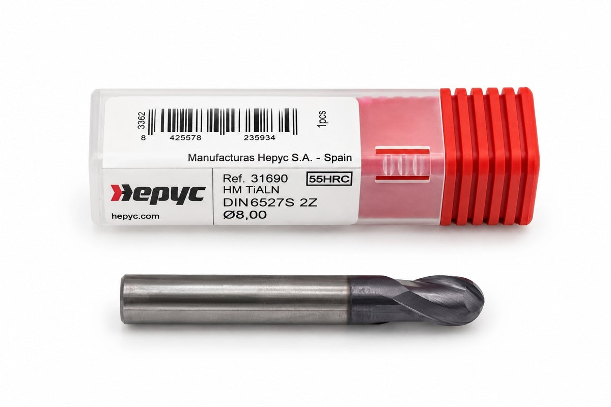 Hepyc 8mm 2 Flute TiAlN Coated Solid Carbide End Mill DIN 6527S