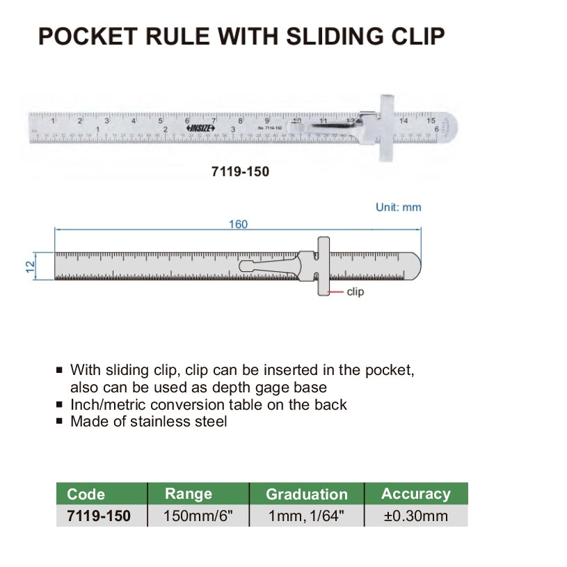 Stainless Steel Pocket Ruler with depth gauge 0-150mm Series 7119-150