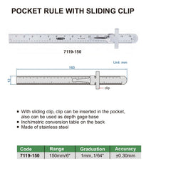 Stainless Steel Pocket Ruler with depth gauge 0-150mm Series 7119-150