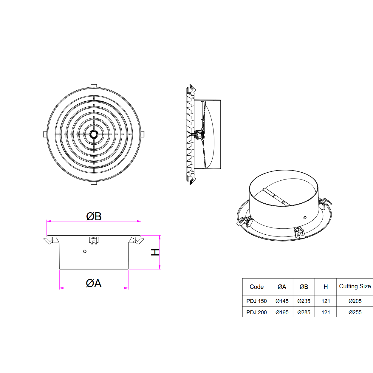 Ductsure PDJ200 Plastic Round Ceiling Vent Diffuser