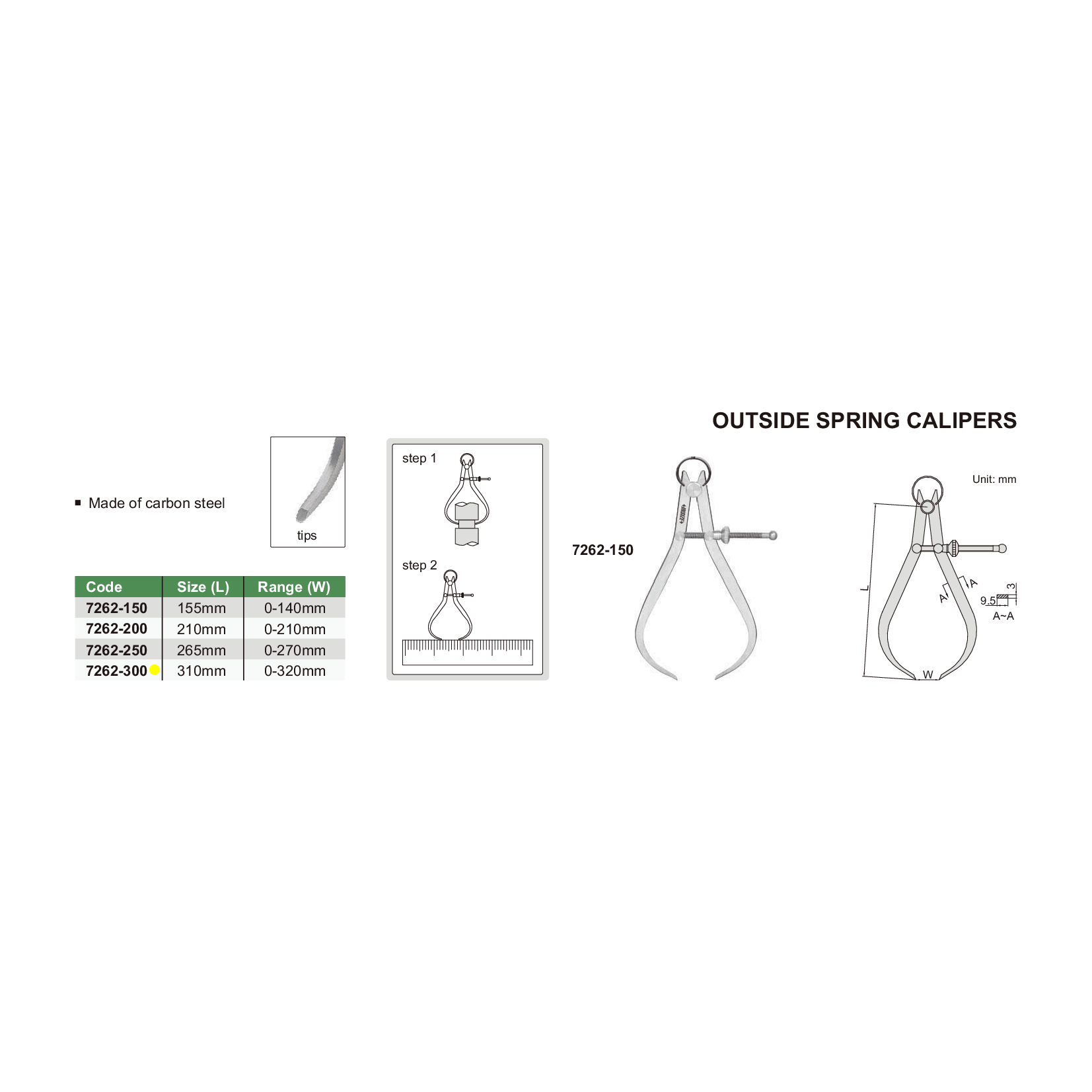 Insize Outside Spring Caliper 0-320mm Range Series 7262-300