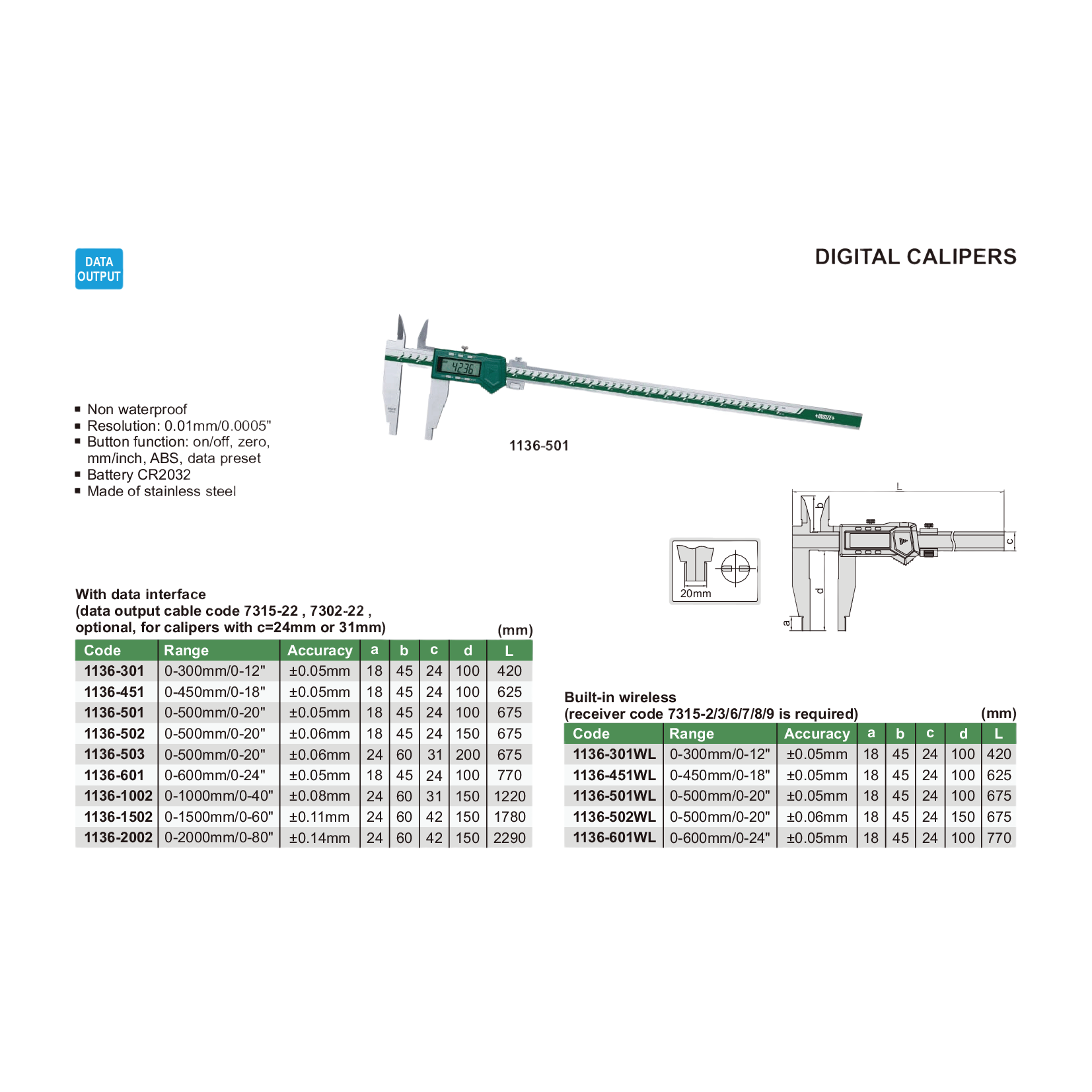Insize Long Jaw Digital Caliper 0–450 mm / 0–18 Series 1136-451
