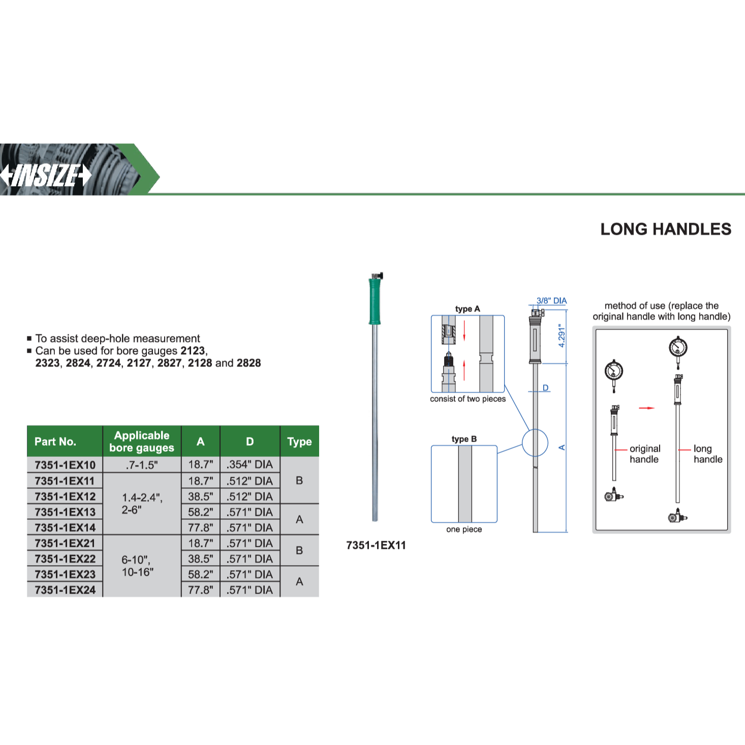 Insize Long Handle 18.7″ × 0.571″ Series 7351-1EX21