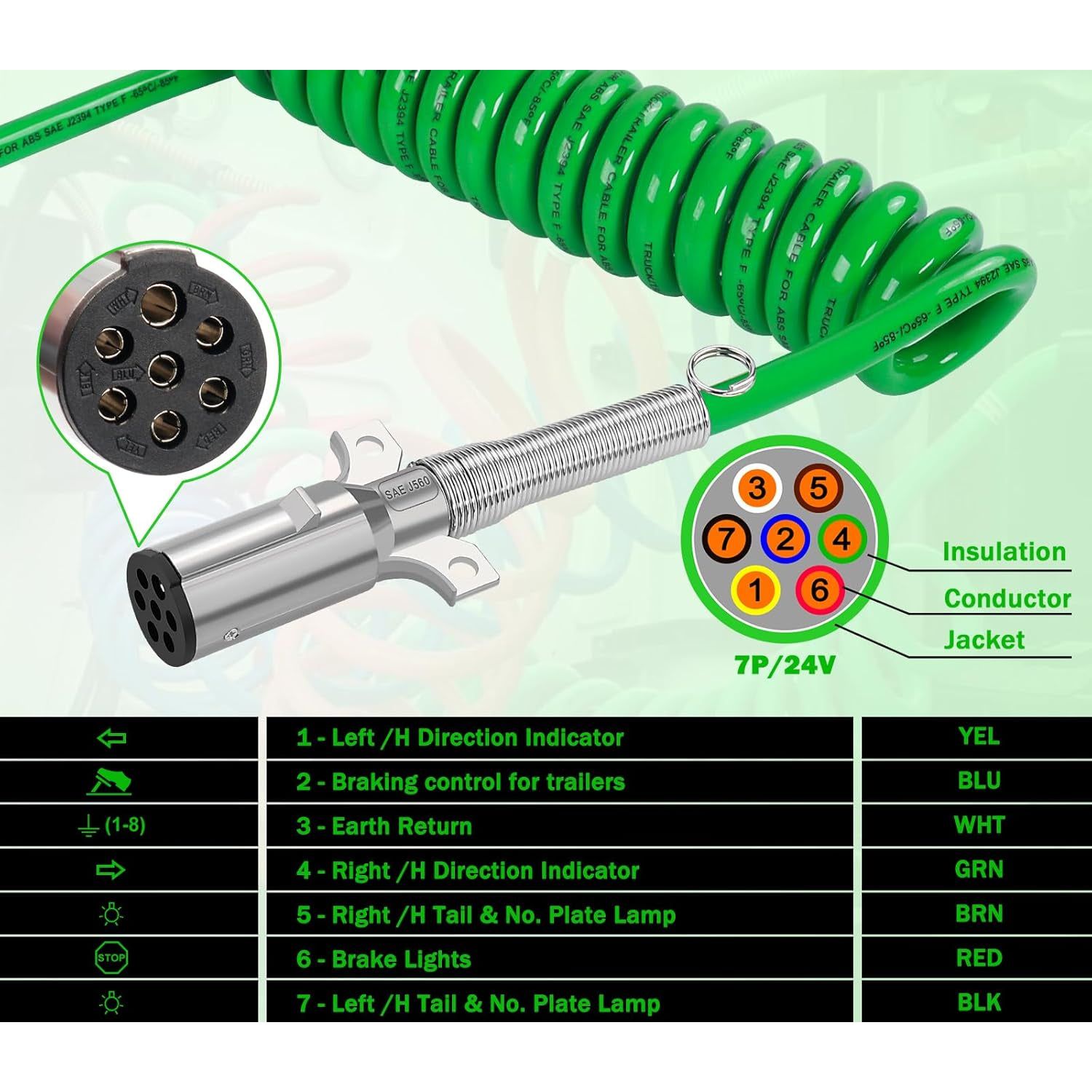 7 Way Trailer 15 FT Green ABS Long Tail Spiral Electrical Power cord