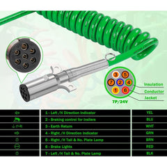 7 Way Trailer 15 FT Green ABS Long Tail Spiral Electrical Power cord