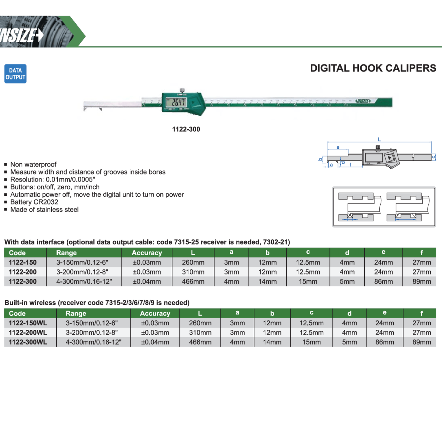Insize Digital Hook Caliper 0.12-8" / 3–200mm Range Series 1122-200