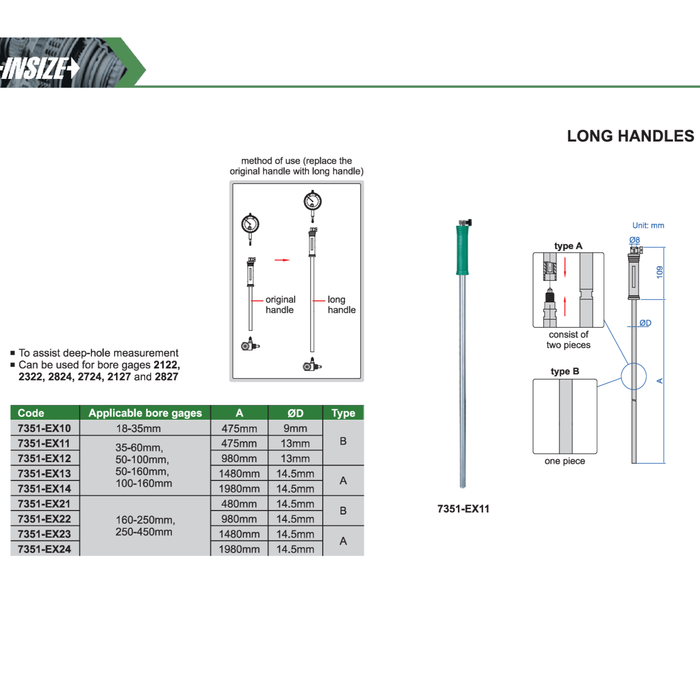 Insize Long Handle 1480 mm × 14.5 mm Series 7351-EX23