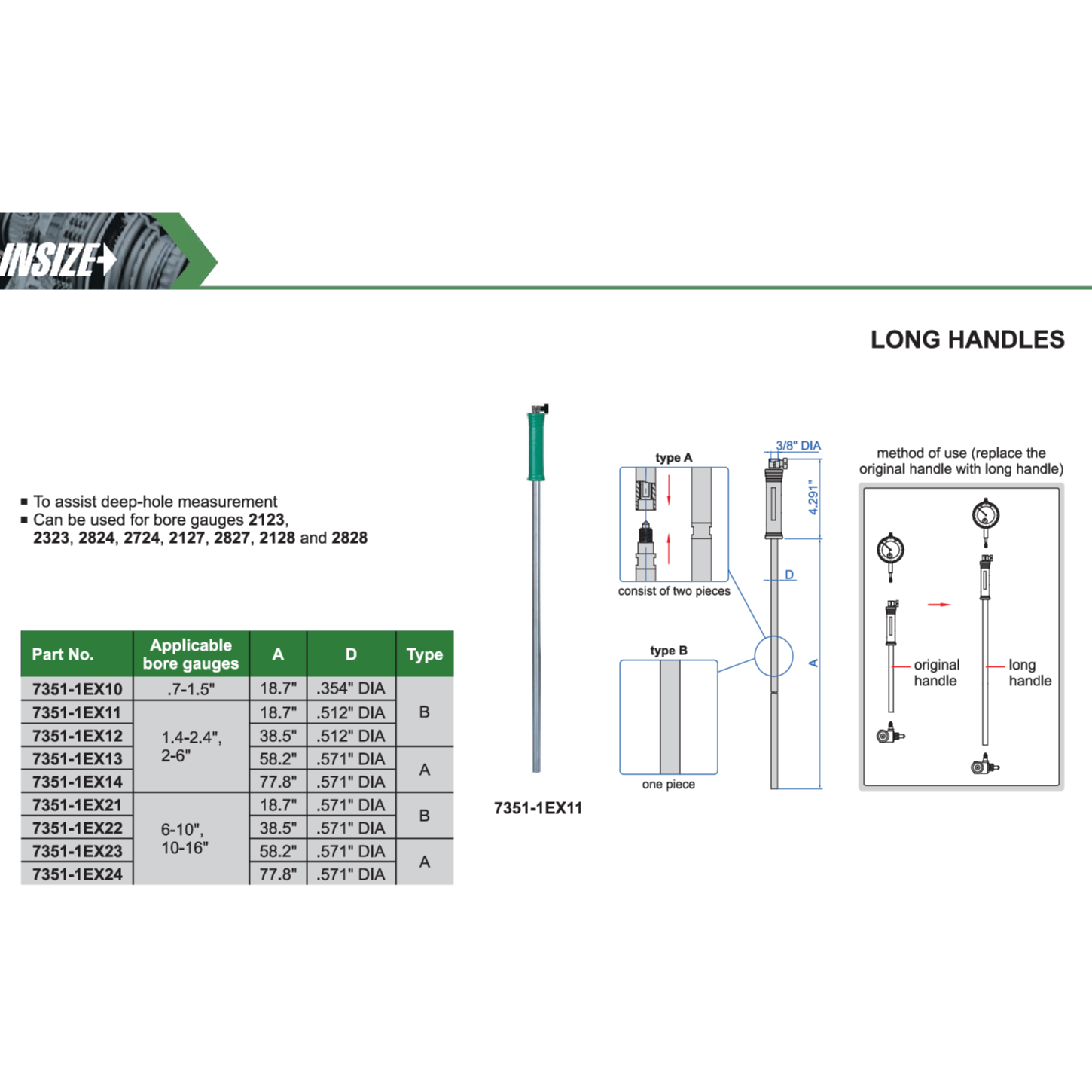 Insize Long Handle 77.8″ × 0.571″ Series 7351-1EX24