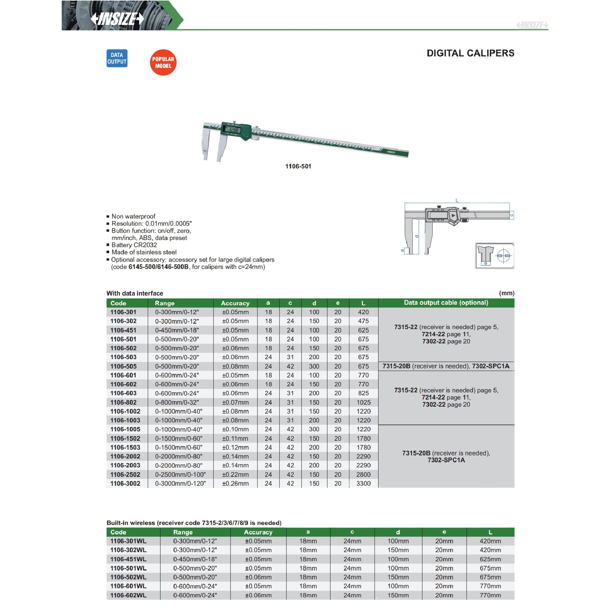 Insize Long Jaw Digital Caliper 0–800 mm / 0–32" Range (Jaw L 150 mm) Series 1106-802