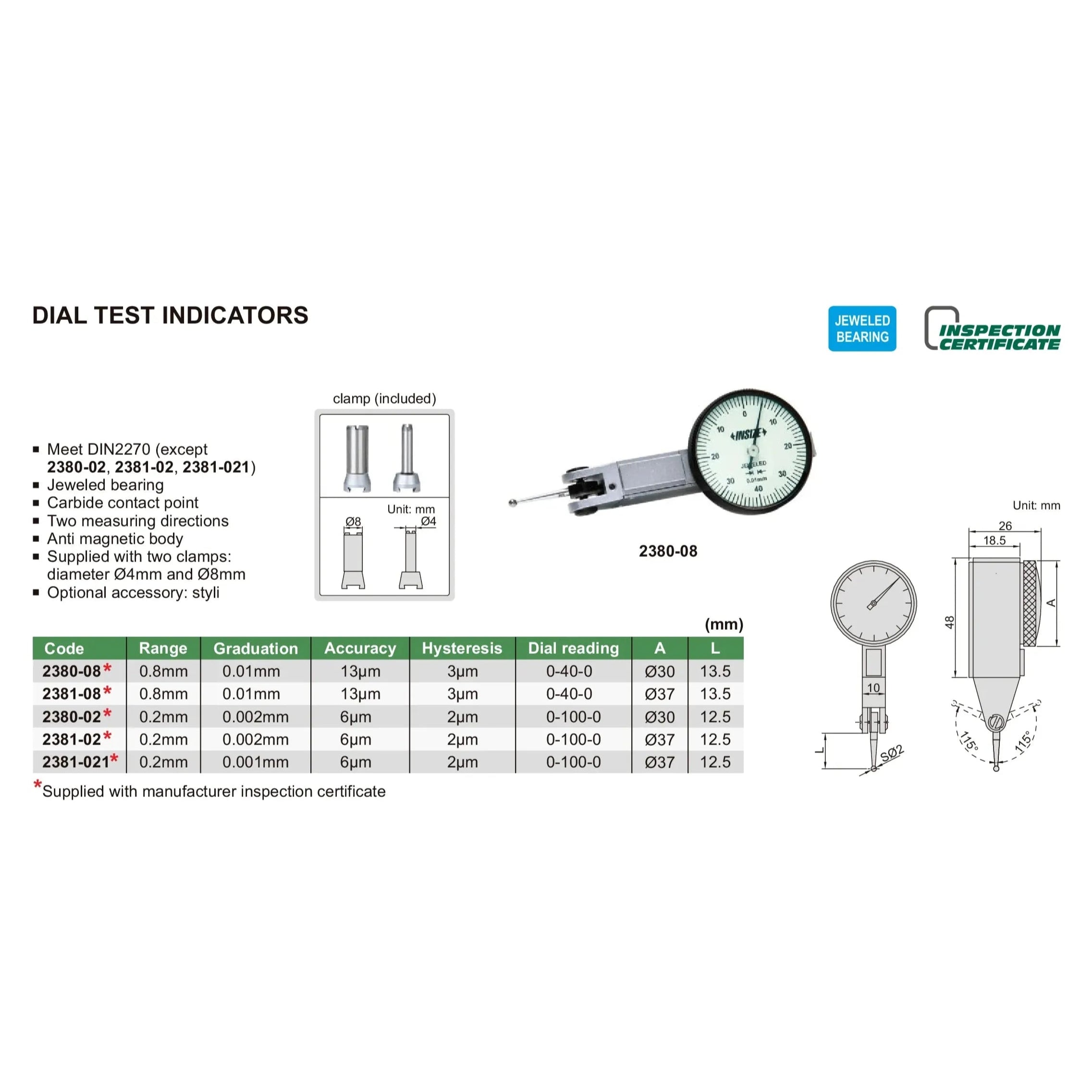 Insize Dial Test Indicator 0.8mm x 0.01mm Range Series 2381-08