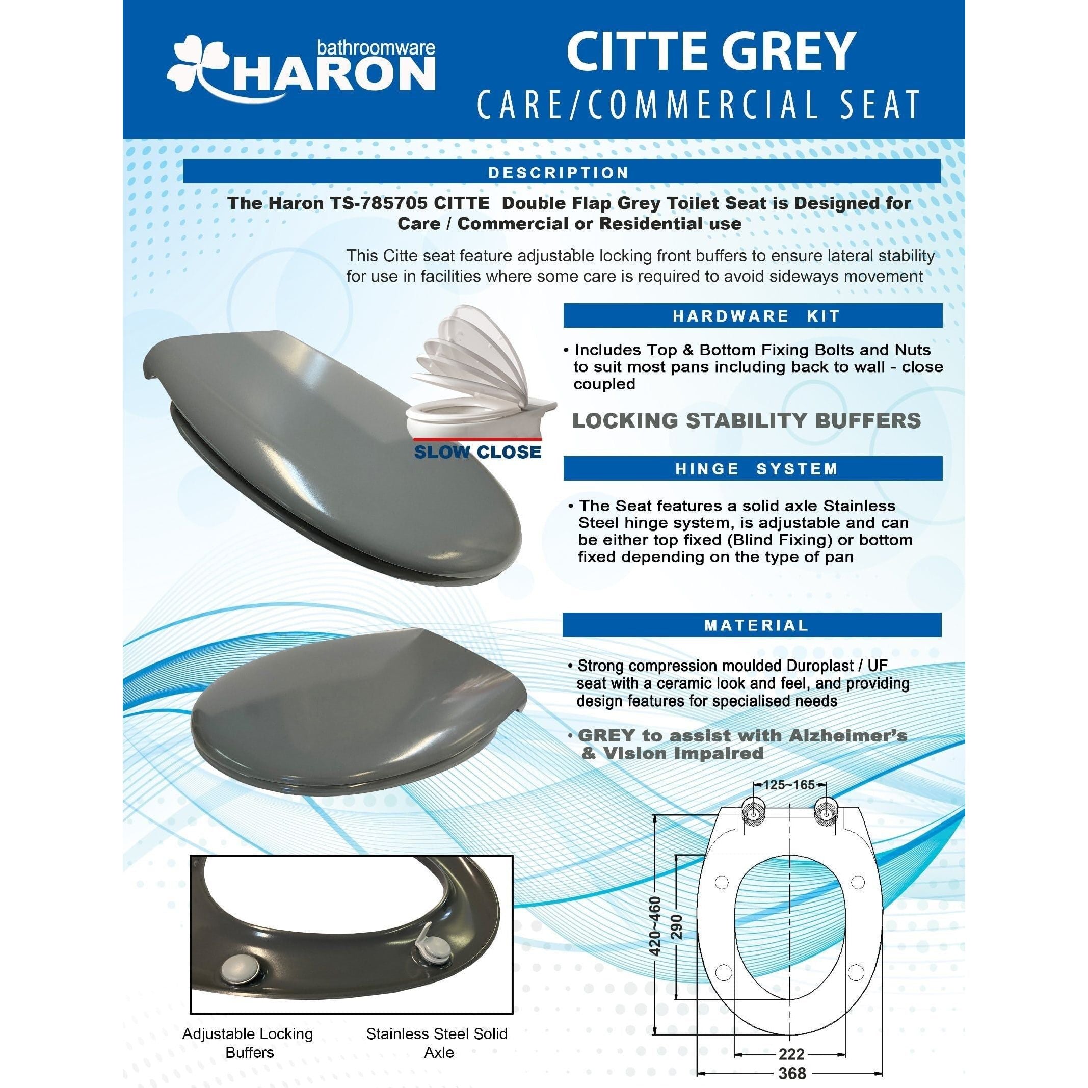 Haron TS-785705 CITTE Grey Slow Close Toilet Seat with Locking Buffers