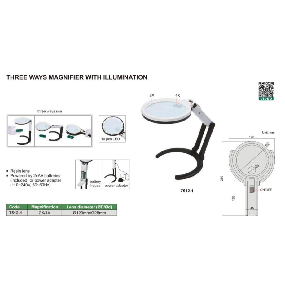 Insize Three-Way Magnifier with Illumination 2X/4X Series 7512-1