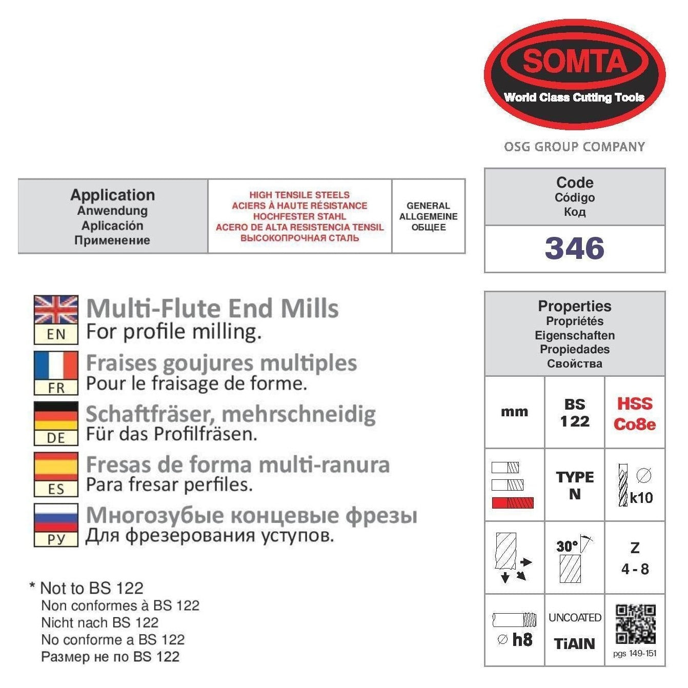 Somta Long Multi Flute 16mm HSS-Co8e Multi-Purpose End Mill