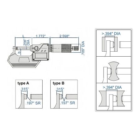 Insize Digital Spherical Anvil Tube Micrometer 0-25mm/0-1" Range Series 3560-25SE