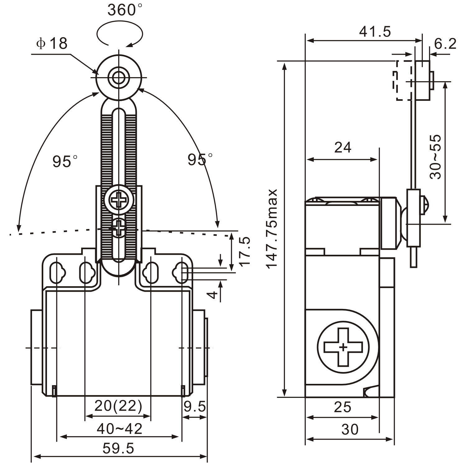 XCK-T145 Adjustable Roller Plunger with Metal & Nylon Roller Limit Switch Diagram