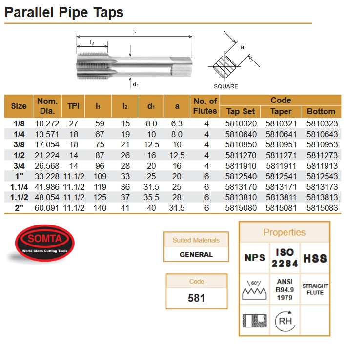 SOMTA - Series 581 HSS NPS 1" Taper Tap - Taper Pipe Tap