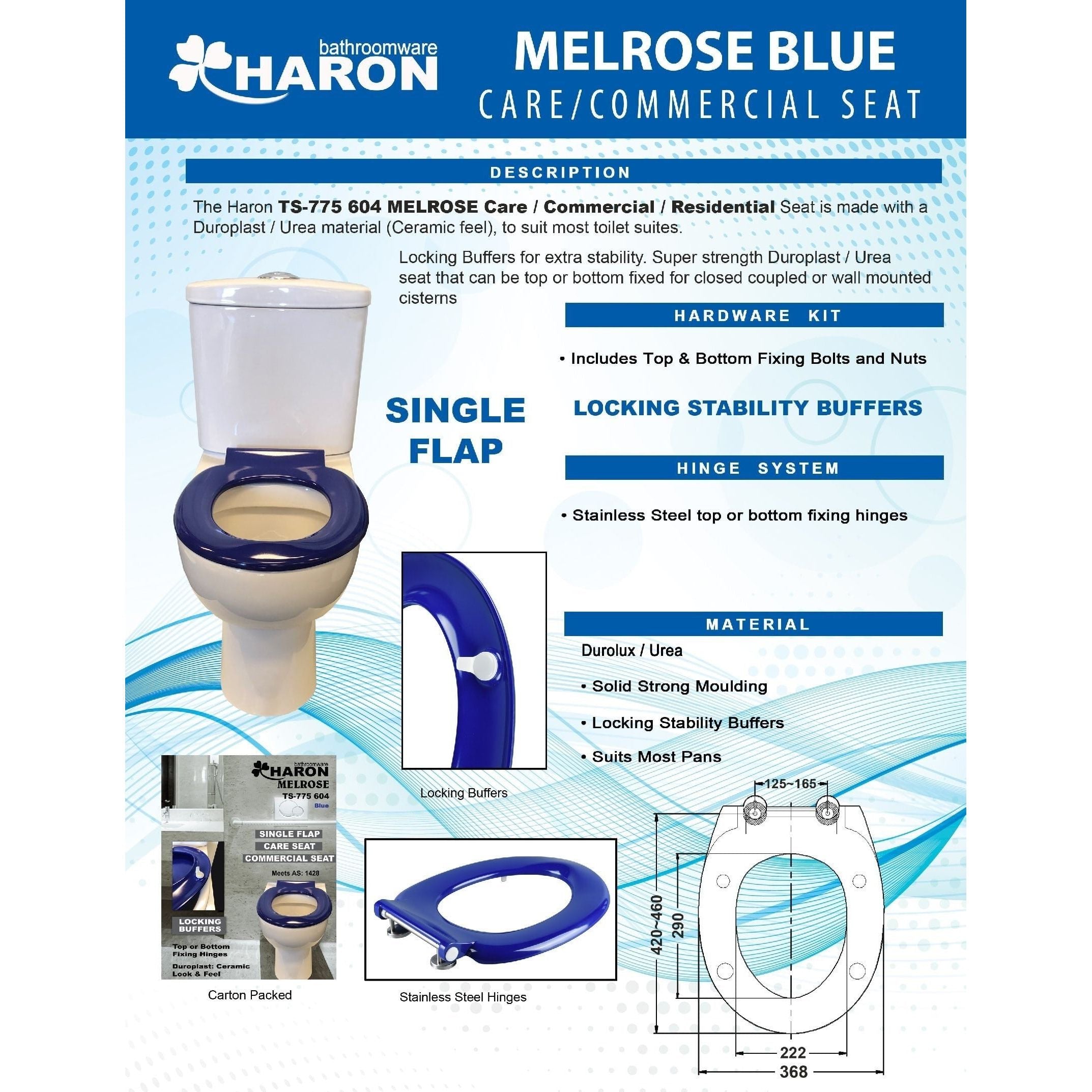 Haron TS-775604 MELROSE 604 Blue Toilet Seat with Locking Buffers